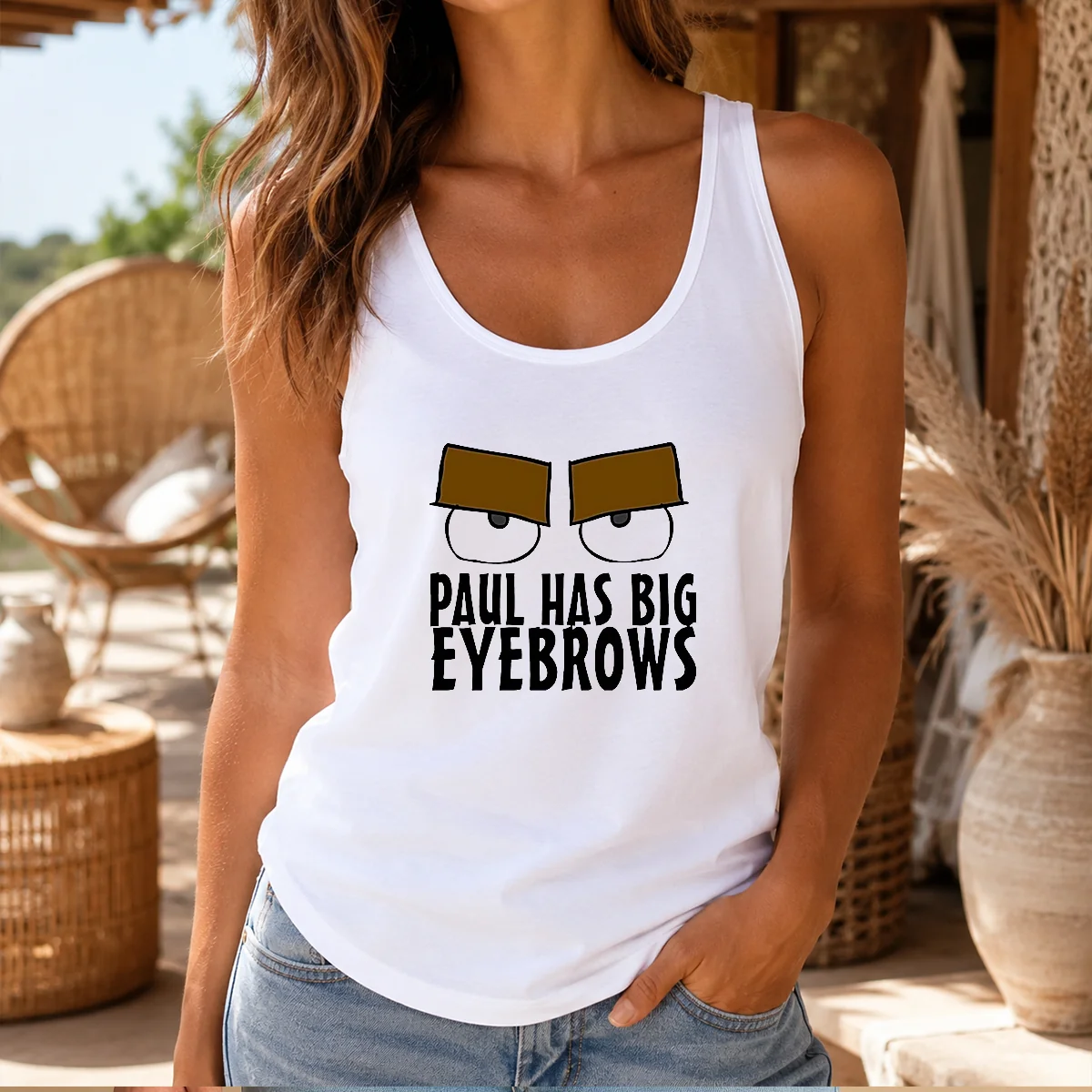 Original Paul Has Big Eyebrows Tank Top in black, sleeveless casual wear with bold eyebrow graphic print