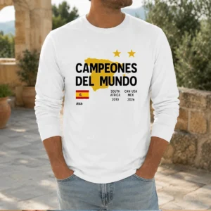 Original Spain Campeones Del Mundo 2010 South Africa And 2026 World Cup long sleeve shirt in red with championship text and years
