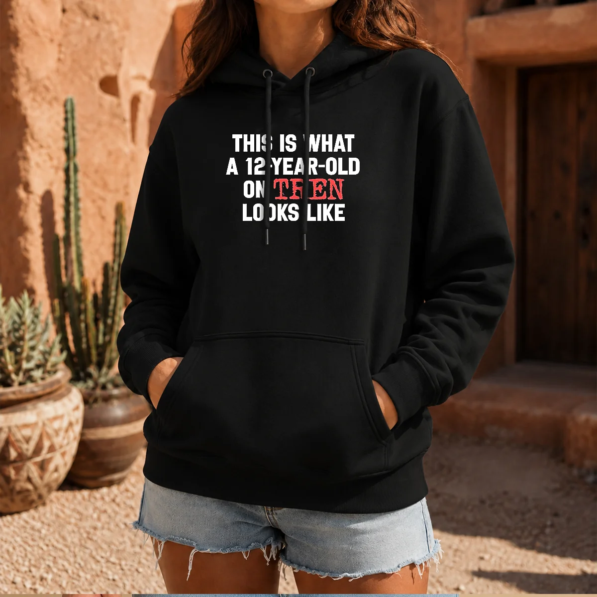 Original This Is What A 12 Year Old On Tren Looks Like Hoodie in black, front view with drawstring hood and kangaroo pocket