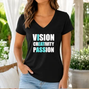 Original Vision Creativity Passion I Eat Ass V Neck Shirt showing front view of black v neck t-shirt with bold white text