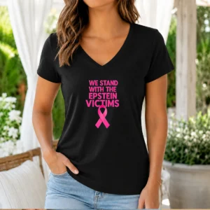 Original We Stand With The Epstein Victims Pink Ribbon V-Neck Shirt