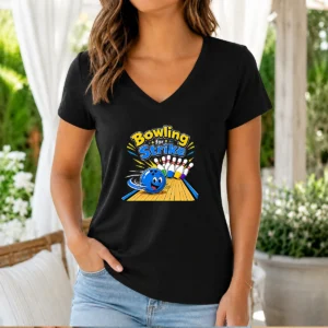 Premium Bowling For Strike Fun Vector V Neck Shirt featuring a casual fit and vibrant bowling-themed graphic