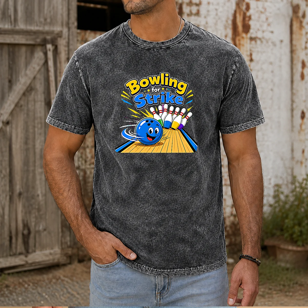 Premium Bowling For Strike Fun Vector Washed T-Shirt