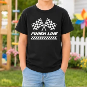 Premium Crossed Checkered Racing Flags Crossing Above Bold Finish Line Banner Kids T-Shirt