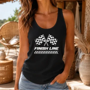 Premium Crossed Checkered Racing Flags Crossing Above Bold Finish Line Banner Tank Top