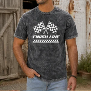 Premium Crossed Checkered Racing Flags Crossing Above Bold Finish Line Banner Washed T-Shirt
