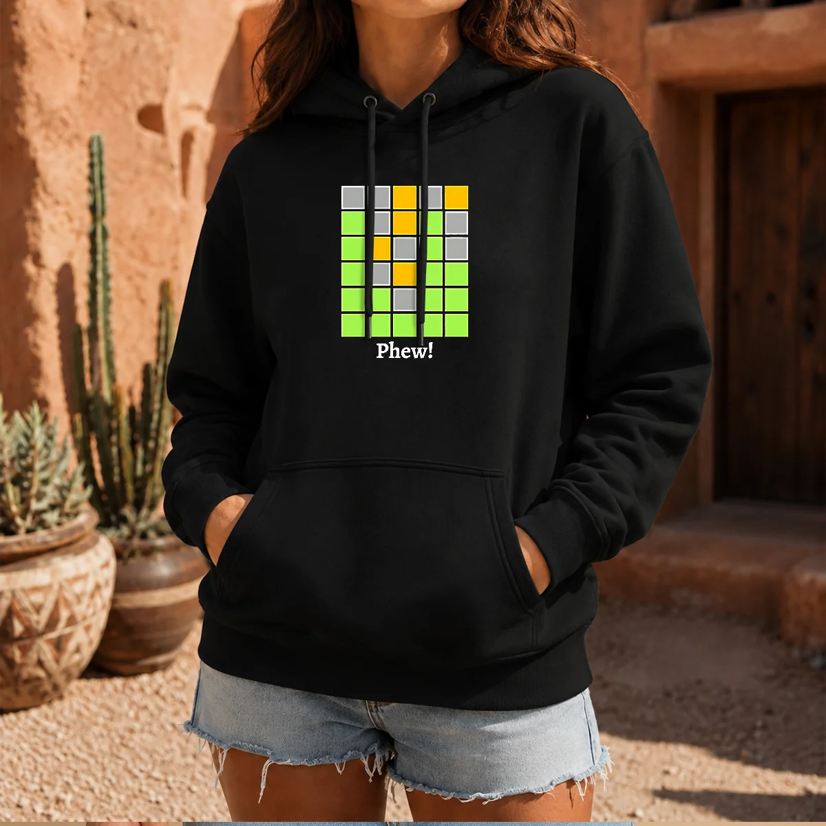Premium Minesweeper Phew Grid Hoodie in black with front graphic print, cozy and warm with adjustable hood and kangaroo pocket