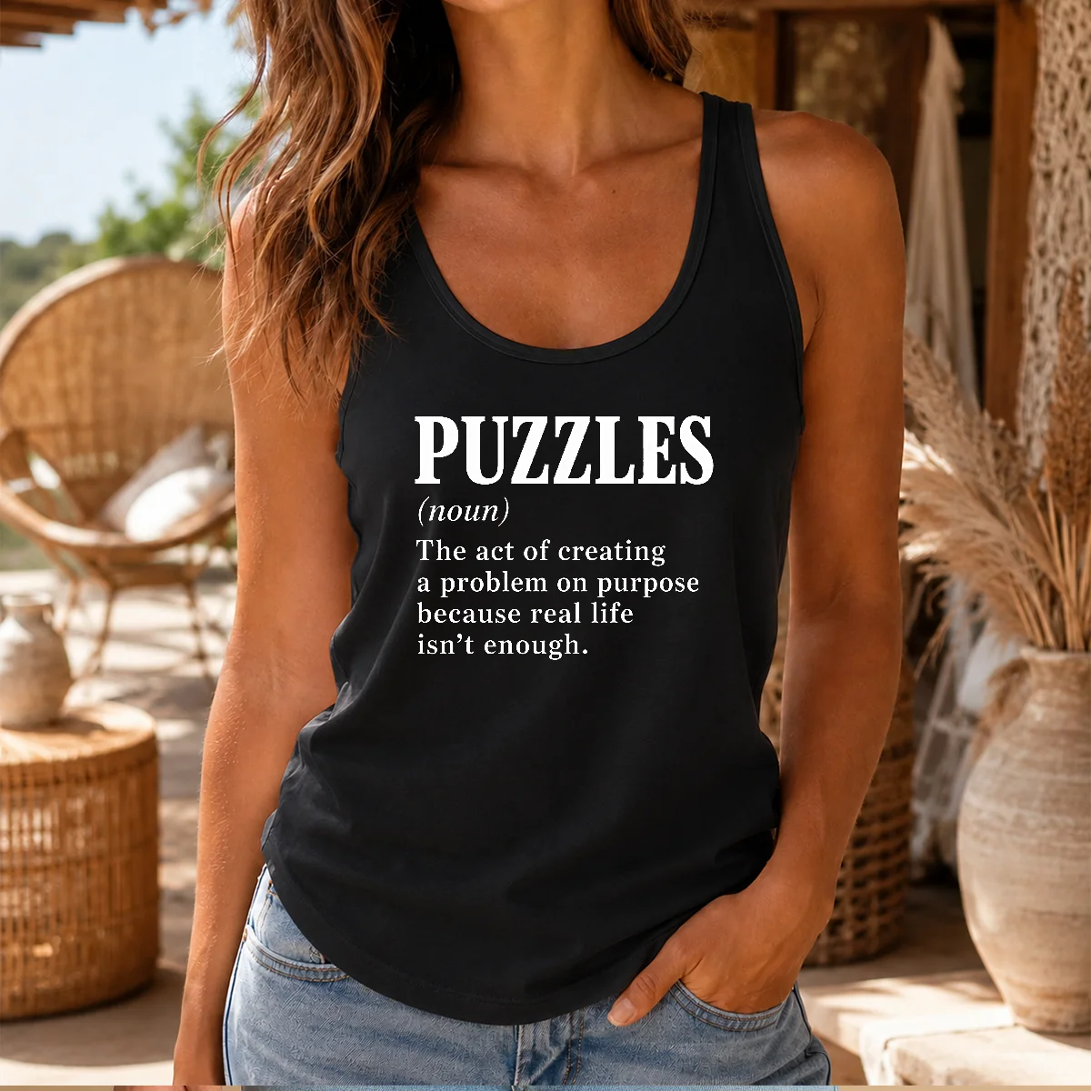 Premium Puzzles The Art Of Creating Problems Tank Top in black, sleeveless casual wear with a bold graphic print