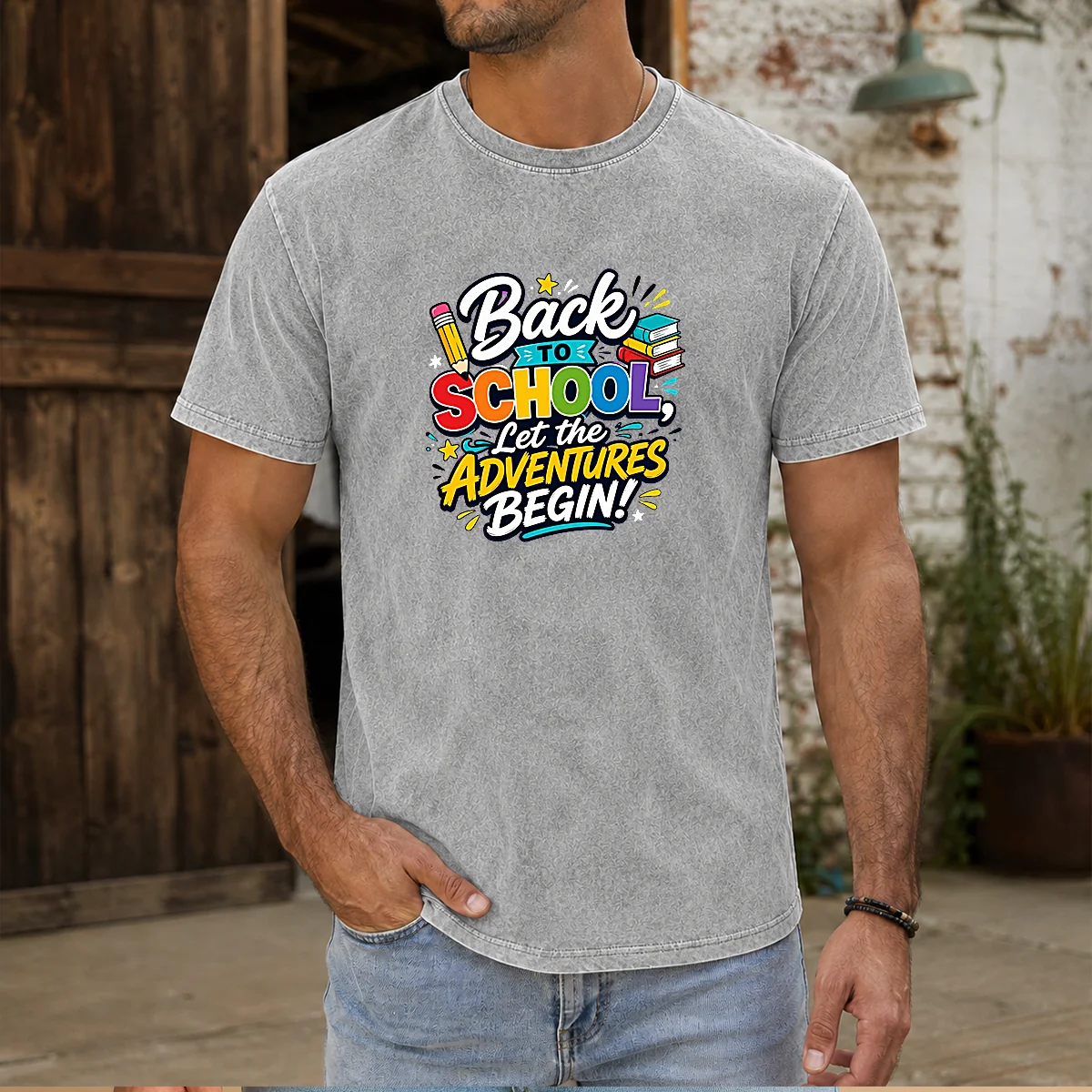 Pretty Back To School Adventures Typography on a soft washed t shirt in neutral tones