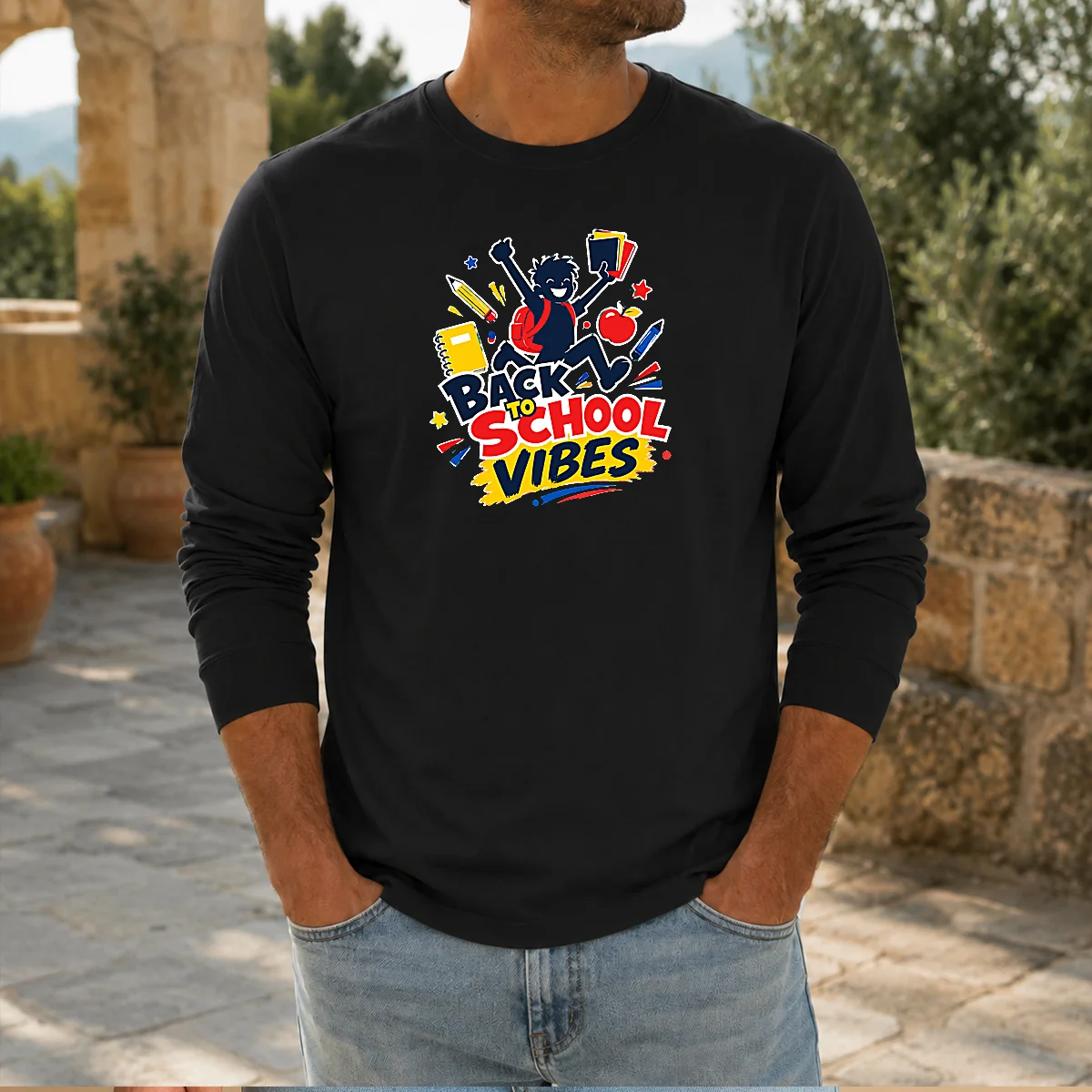 Pretty Back To School Vibes Excited Student Silhouette Long Sleeve Shirt