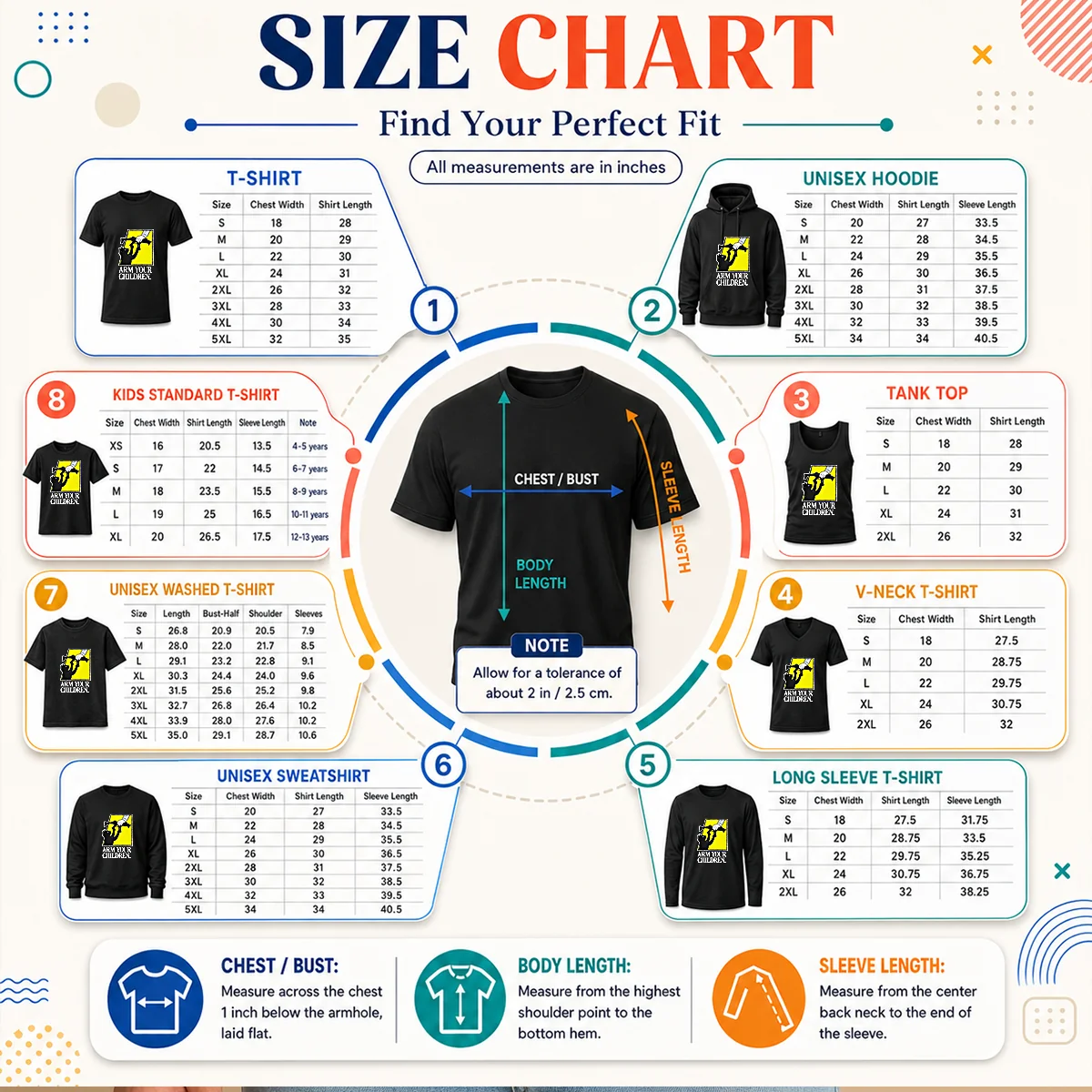 Pretty Black Cat With Gun Satire Arm Your Children Size Chart Size chart for Pretty Black Cat With Gun Satire Arm Your Children showing measurements in inches and cm
