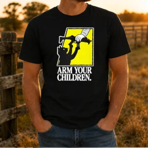 Pretty Black Cat With Gun Satire Arm Your Children t shirt in black, featuring a bold graphic design on a classic crew neck