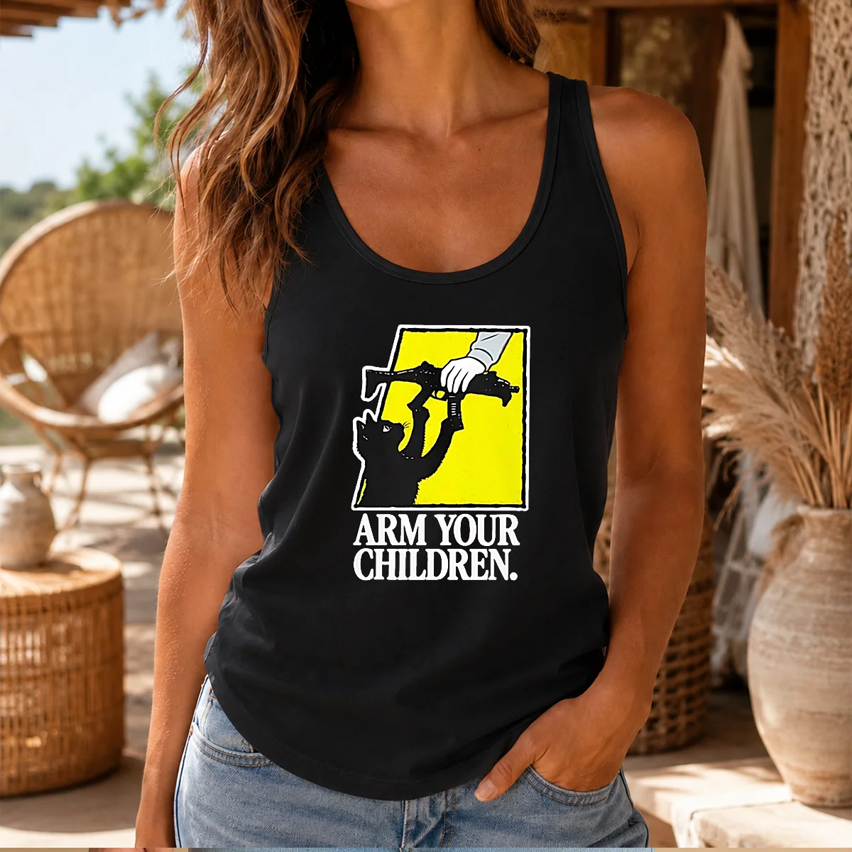 Pretty Black Cat With Gun Satire Arm Your Children Tank Top