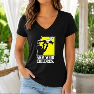 Pretty Black Cat With Gun Satire Arm Your Children printed on a black V neck shirt, front view