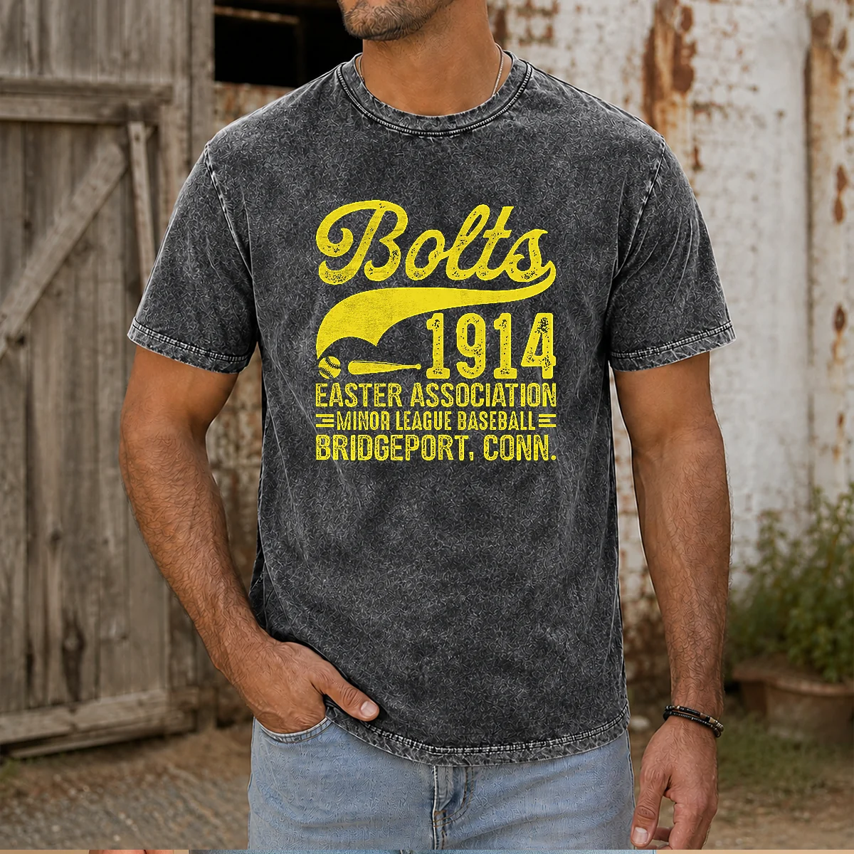 Pretty Bridgeport Bolts Connecticut Vintage Baseball Team Washed T Shirt in faded blue with classic baseball logo