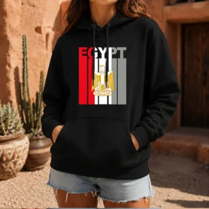 Pretty Egypt Flag Eagle Coat Of Arms Hoodie in black, featuring a bold Egyptian flag eagle emblem on the chest