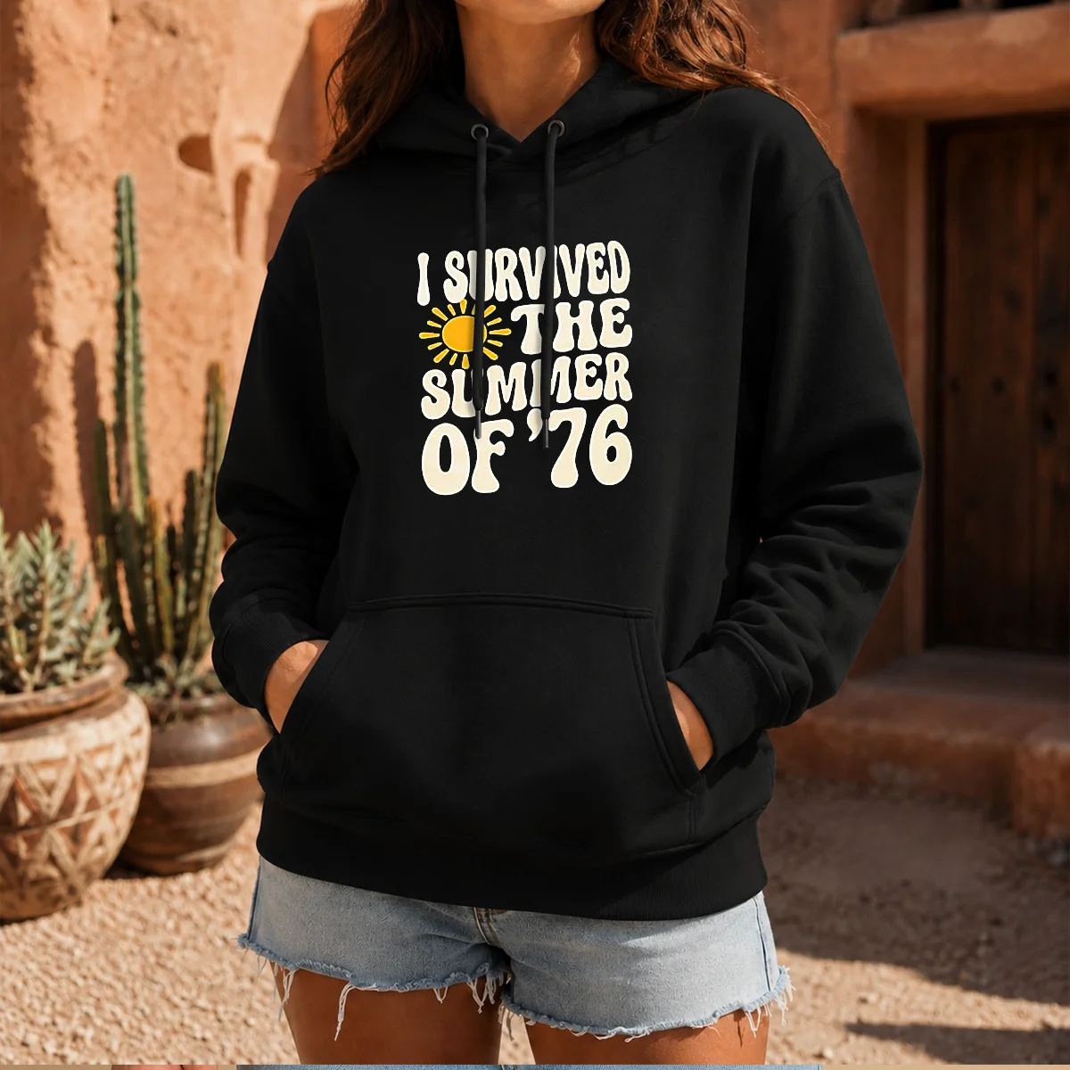 Pretty I Survived The Summer Of 76 1976 Vintage Hoodie in dark grey, front view with printed retro design