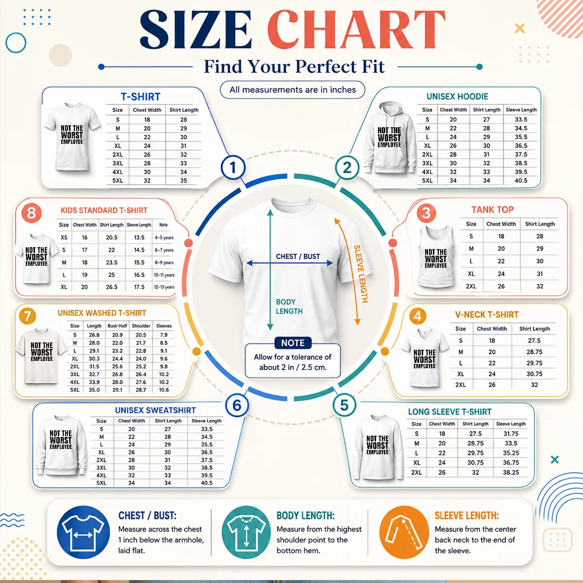Pretty Not The Worst Employee Geek Size Chart Size chart for Pretty Not The Worst Employee Geek with measurements in inches and cm