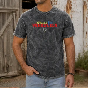 Pretty Oremos Por Venezuela Religious Rosary printed on a soft washed t shirt in light gray