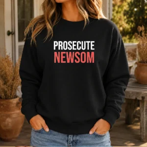 Pretty Prosecute Newsom Sweater in charcoal gray with bold white text across the chest, crewneck style