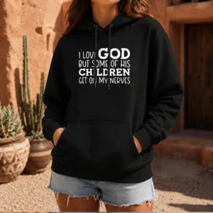 Pretty Some Of God'S Children Hoodie in black with front graphic print and adjustable drawstring hood