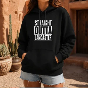 Pretty Straight Outta Lancaster Hoodie in dark gray, front view with kangaroo pocket and drawstring hood