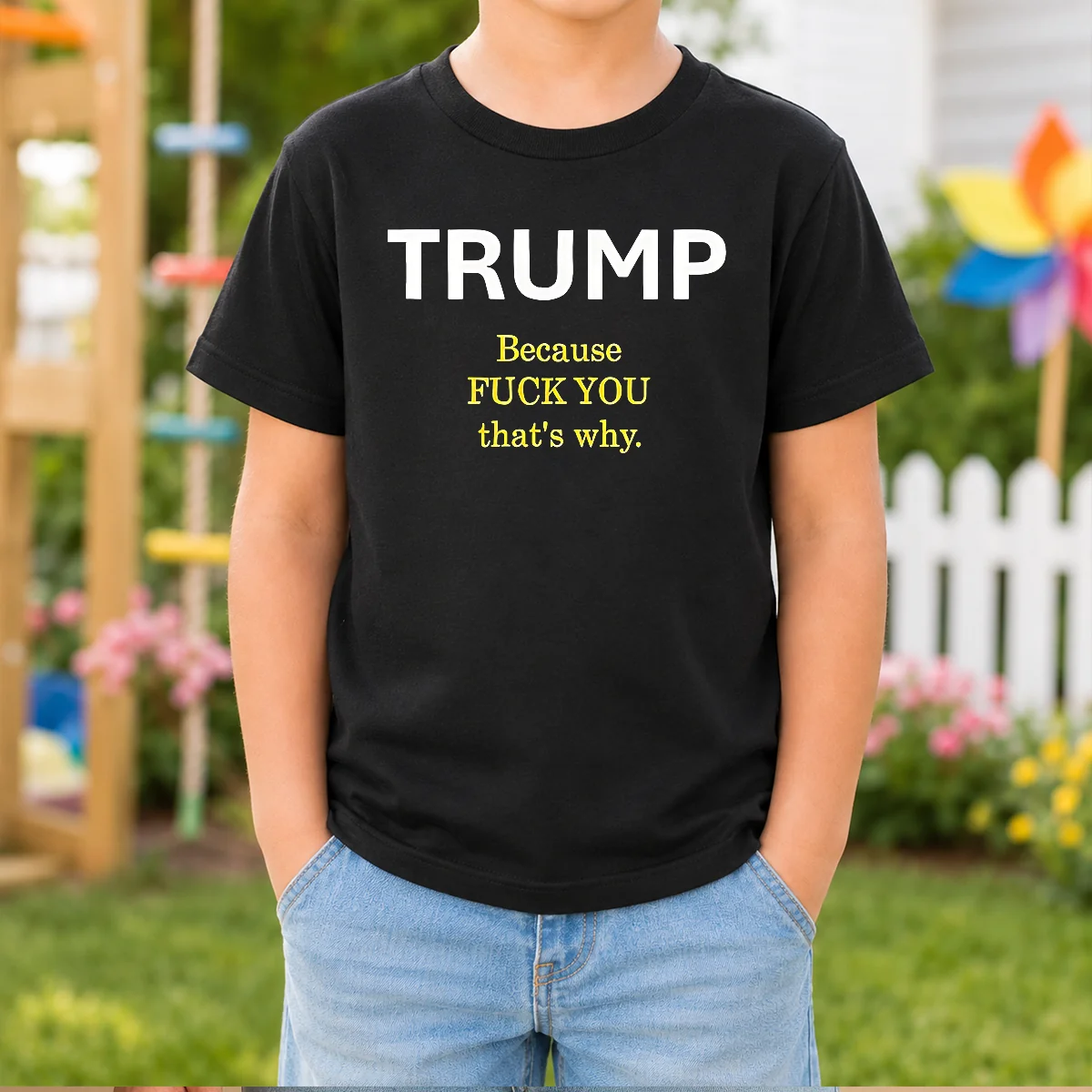 Pretty Trump Because Fck You That'S Why Political Kids T Shirt in white, short sleeve cotton tee for children