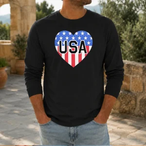 Pretty USA Heart Flag Emblem Patriotic Long Sleeve Shirt