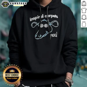 Top Inspiral Carpets Moo Madchester Indie Rock Hoodie in black with front graphic print and adjustable drawstring hood